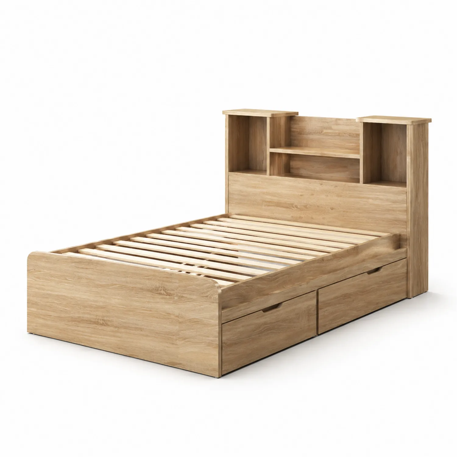 Bettgestell aus Eiche mit Regal und Schubladen, 200x140 cm, Natur
