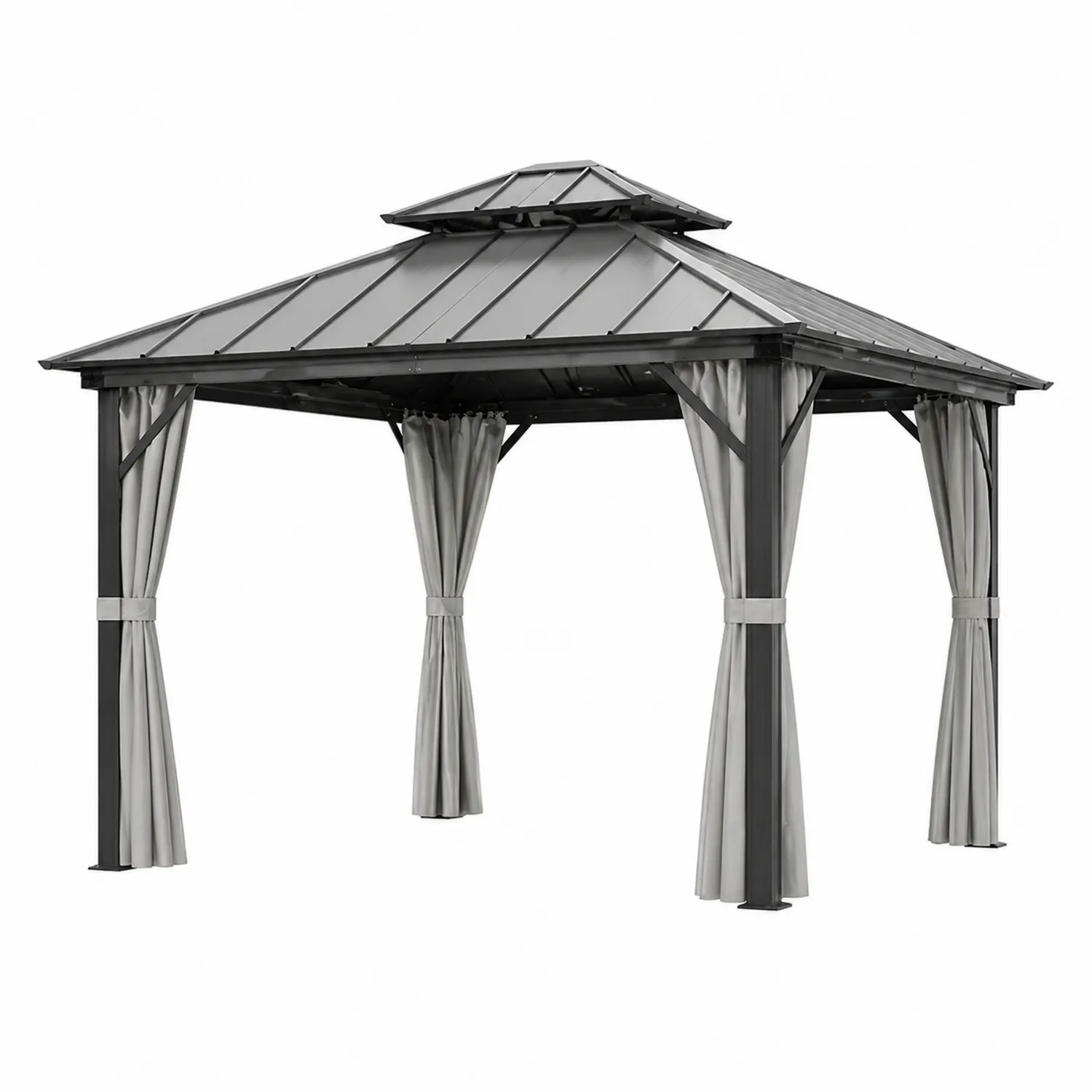 Metallpavillon mit Polycarbonatdach und Polyester-Vorhängen Grau