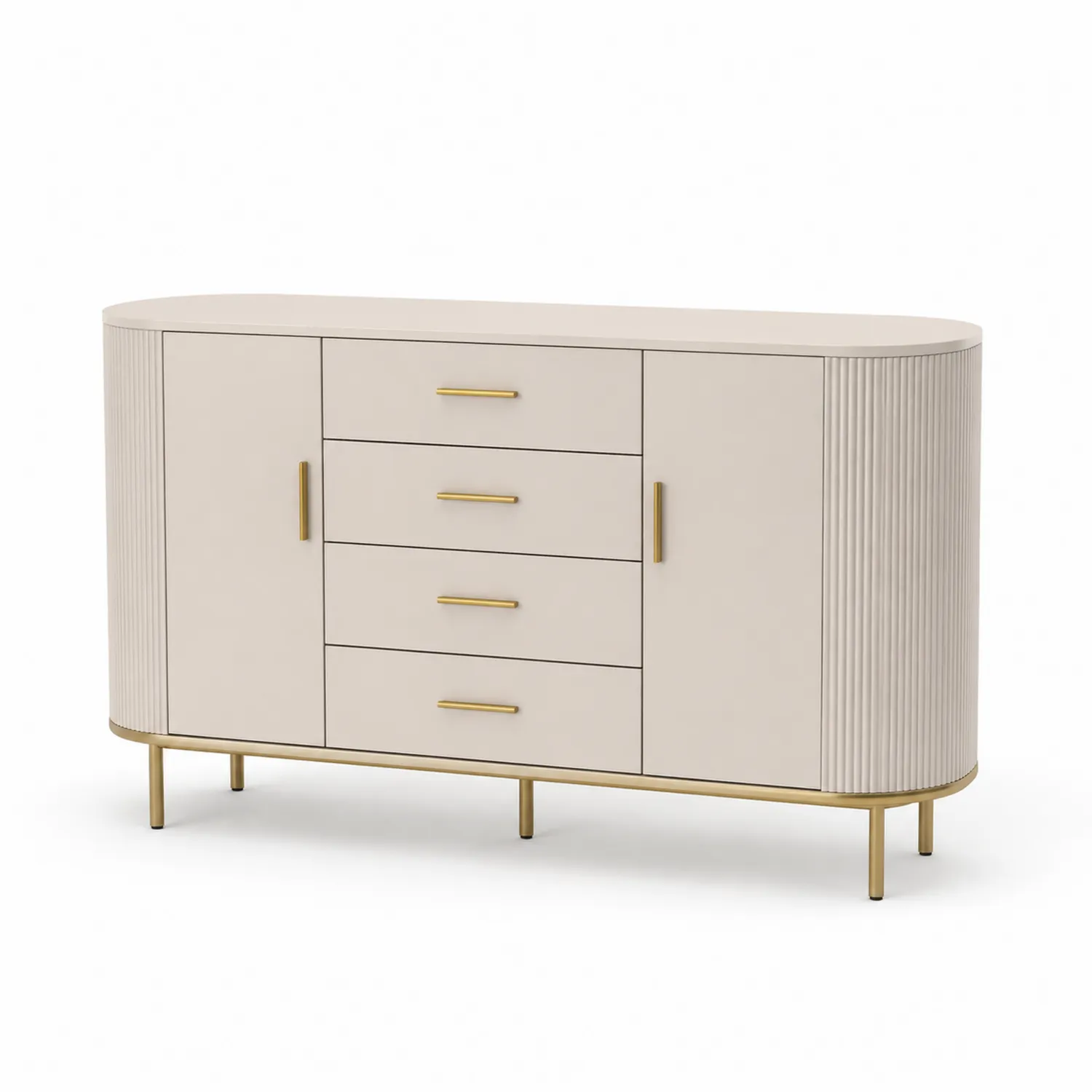 Kommode aus Holzwerkstoff mit goldfarbenem Metallgestell, 4 Schubladen, 2 Türen, Beige