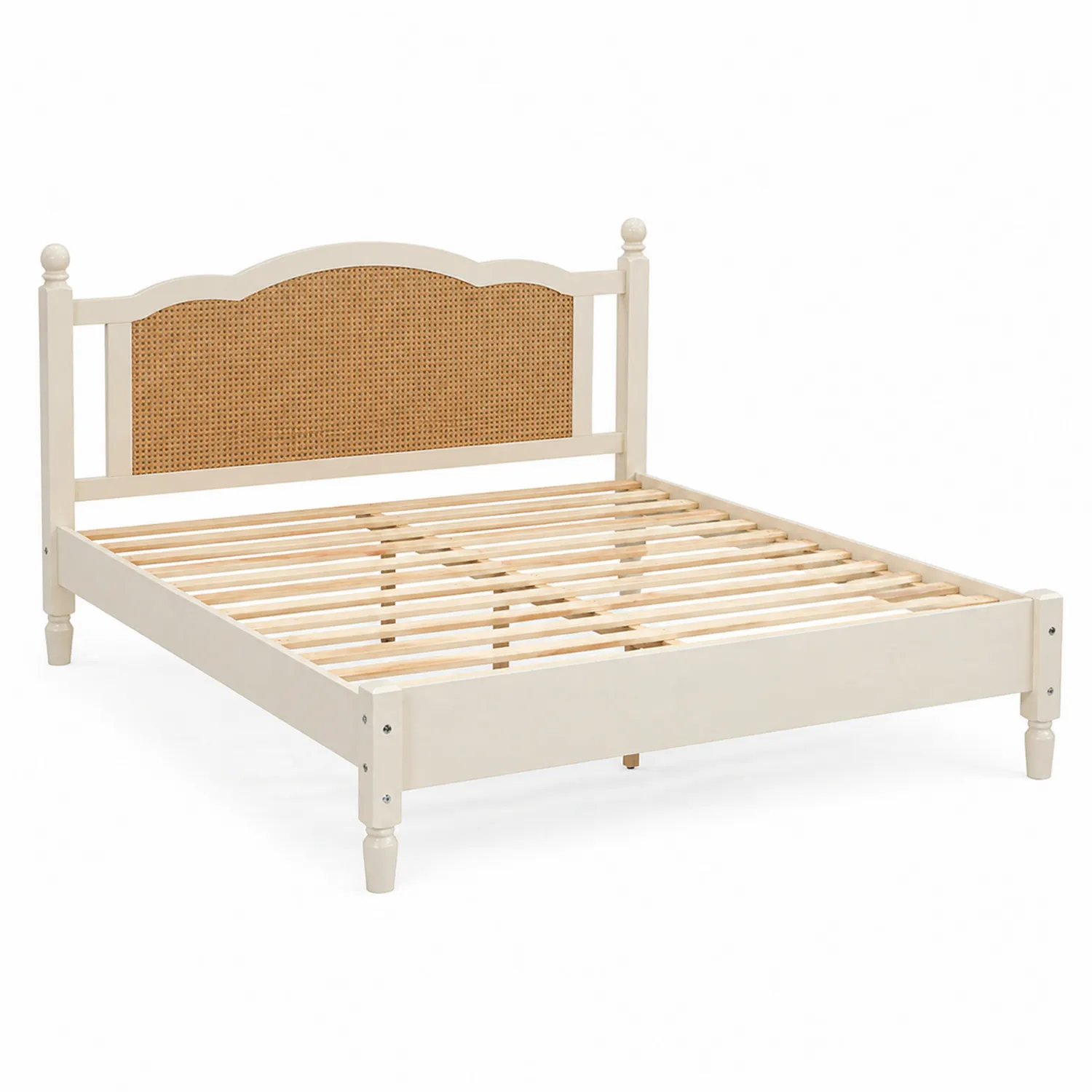 Doppelbett Holz mit Rattan-Kopfteil 200x180 cm Weiß