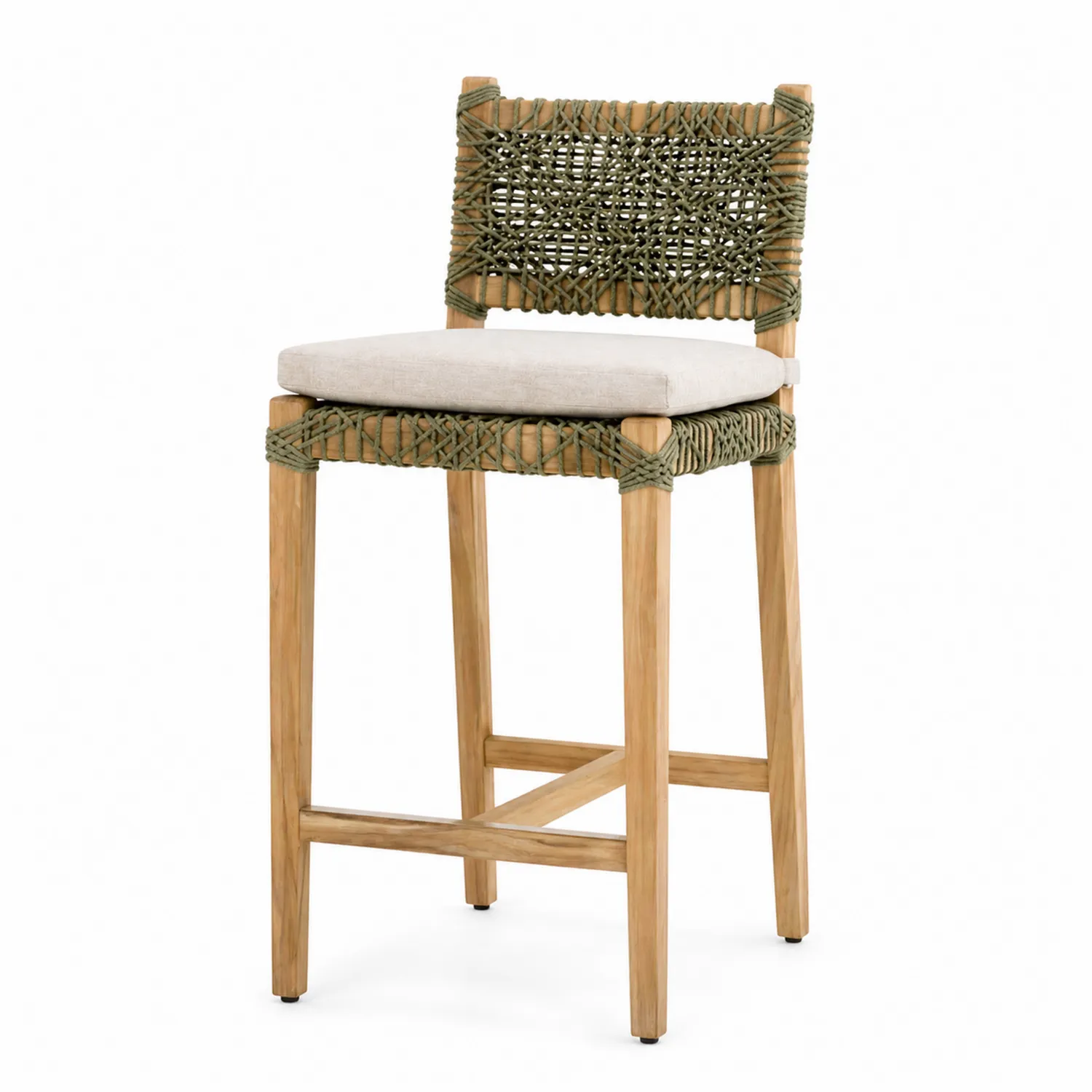 Barhocker aus Teakholz mit Seilgeflecht und Polyesterkissen Beige/Grün