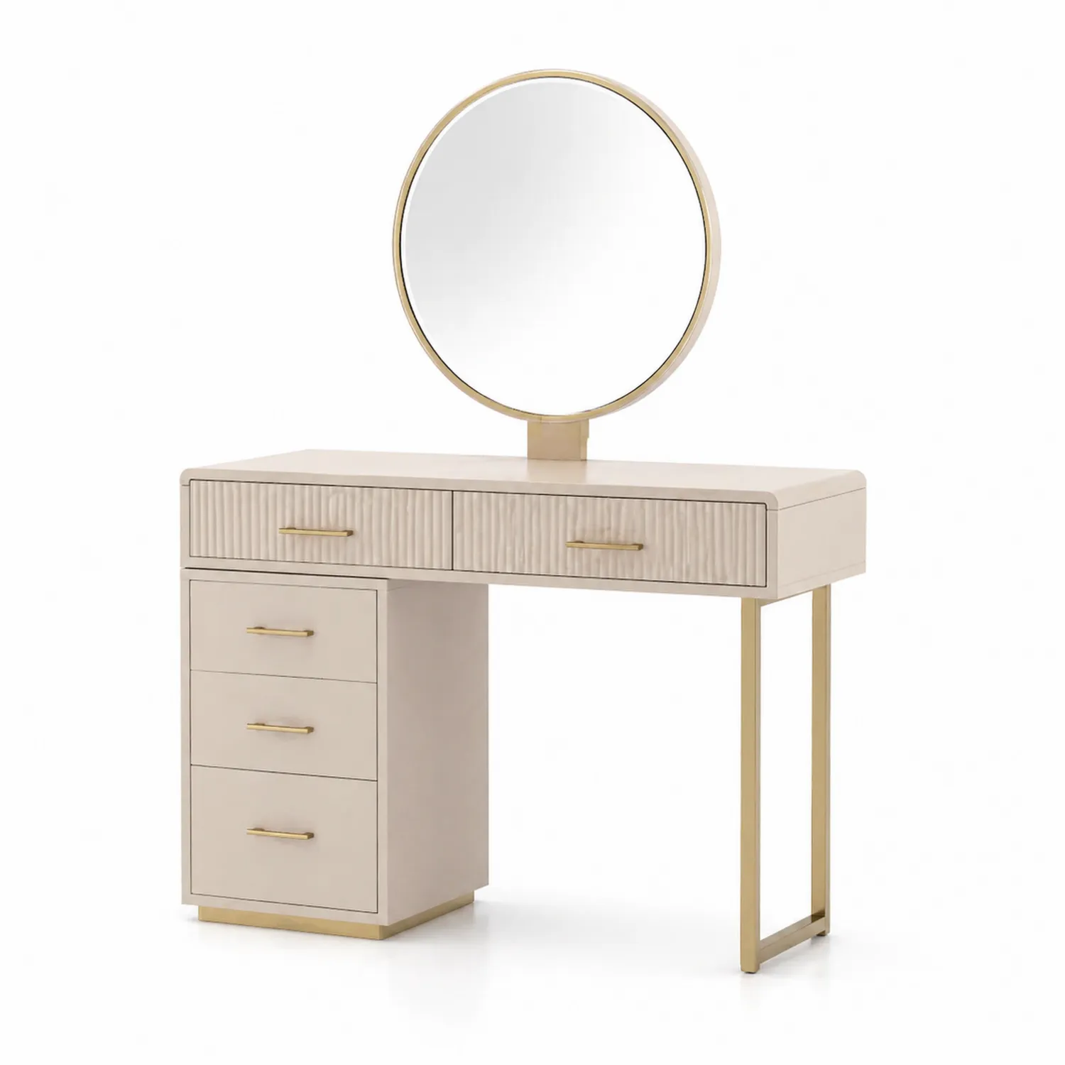 Frisiertisch aus MDF mit rundem Spiegel, Beige und Gold