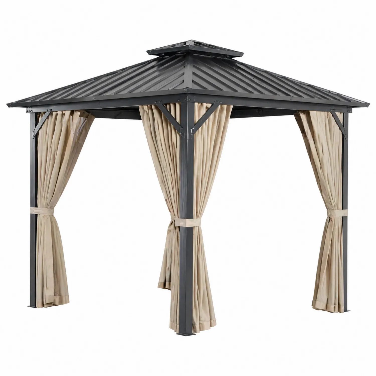 Pavillon aus Aluminium mit Stahldach und Polyester-Vorhängen, 300x300x270 cm, Beige