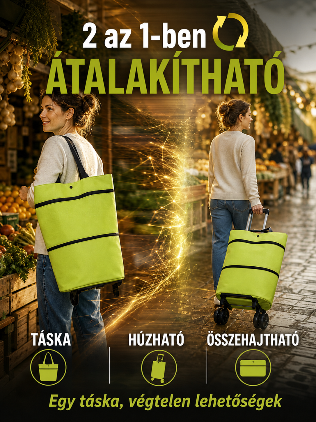 👍Magiczna Składana Torba na Zakupy 2w1 z Chowanymi Kółkami (30L)