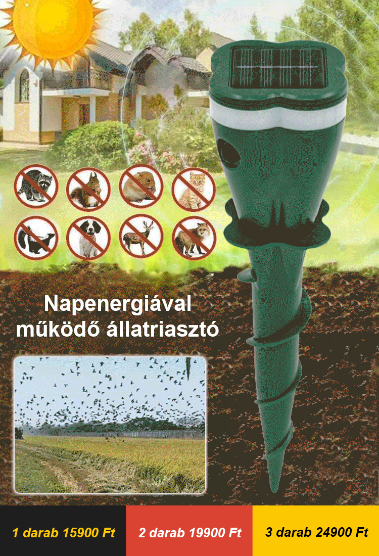 3 az 1-ben Napelemes Ultrahangos Riasztó – Hatékony Védelem Vakond, Rágcsálók és Madarak Ellen