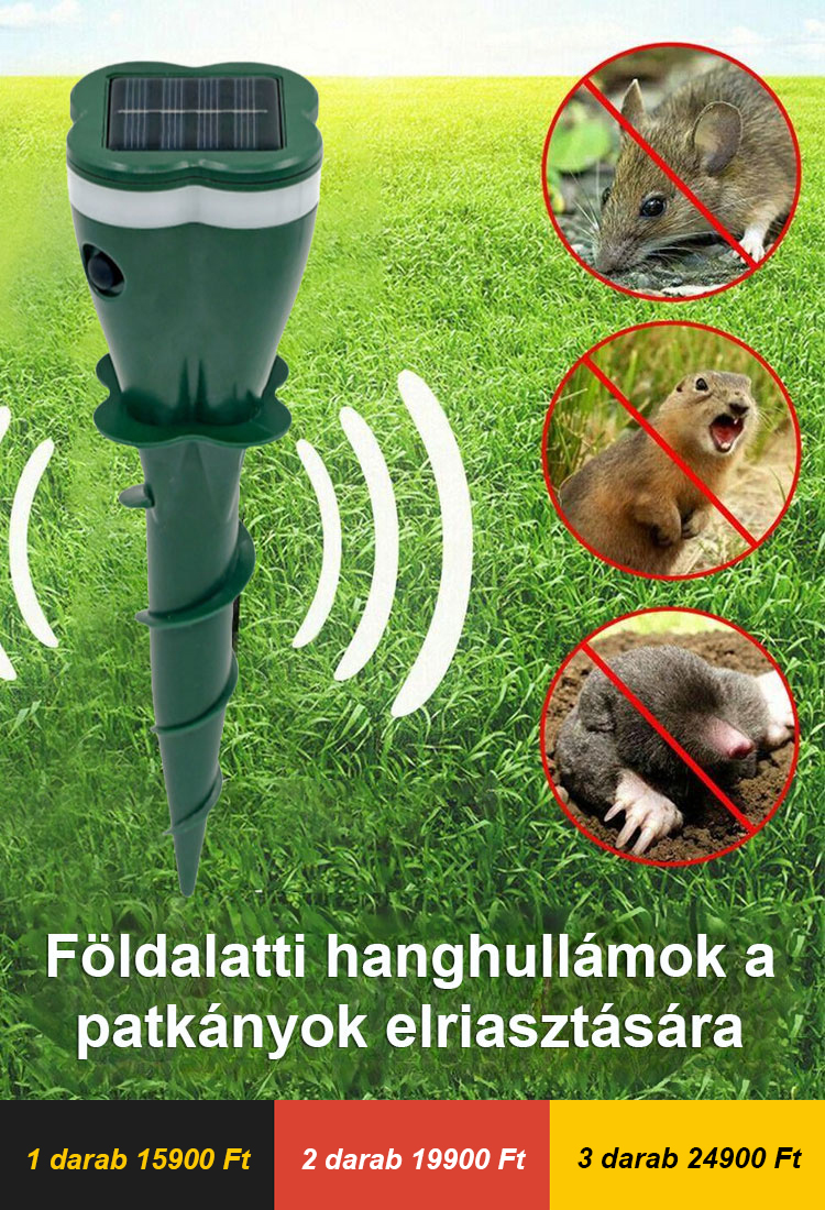 3 az 1-ben Napelemes Ultrahangos Riasztó – Hatékony Védelem Vakond, Rágcsálók és Madarak Ellen