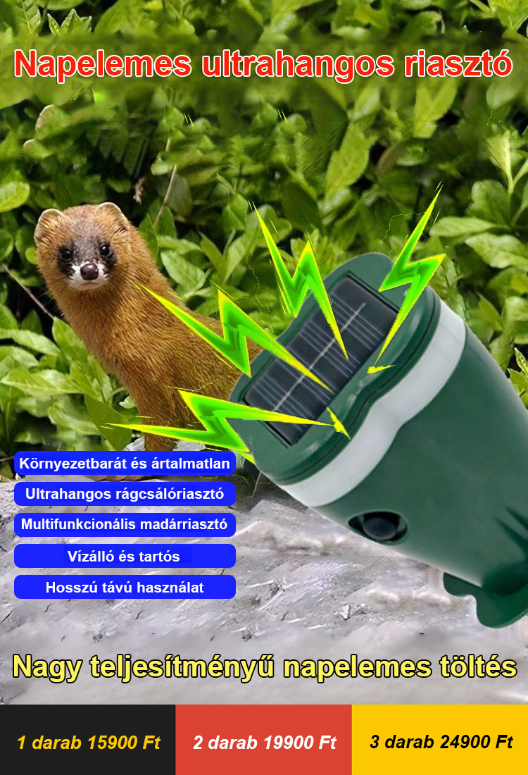 3 az 1-ben Napelemes Ultrahangos Riasztó – Hatékony Védelem Vakond, Rágcsálók és Madarak Ellen