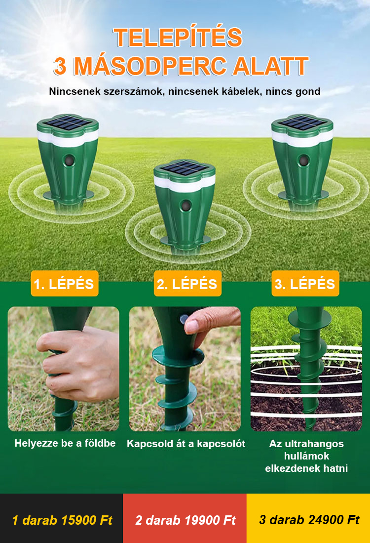 3 az 1-ben Napelemes Ultrahangos Riasztó – Hatékony Védelem Vakond, Rágcsálók és Madarak Ellen