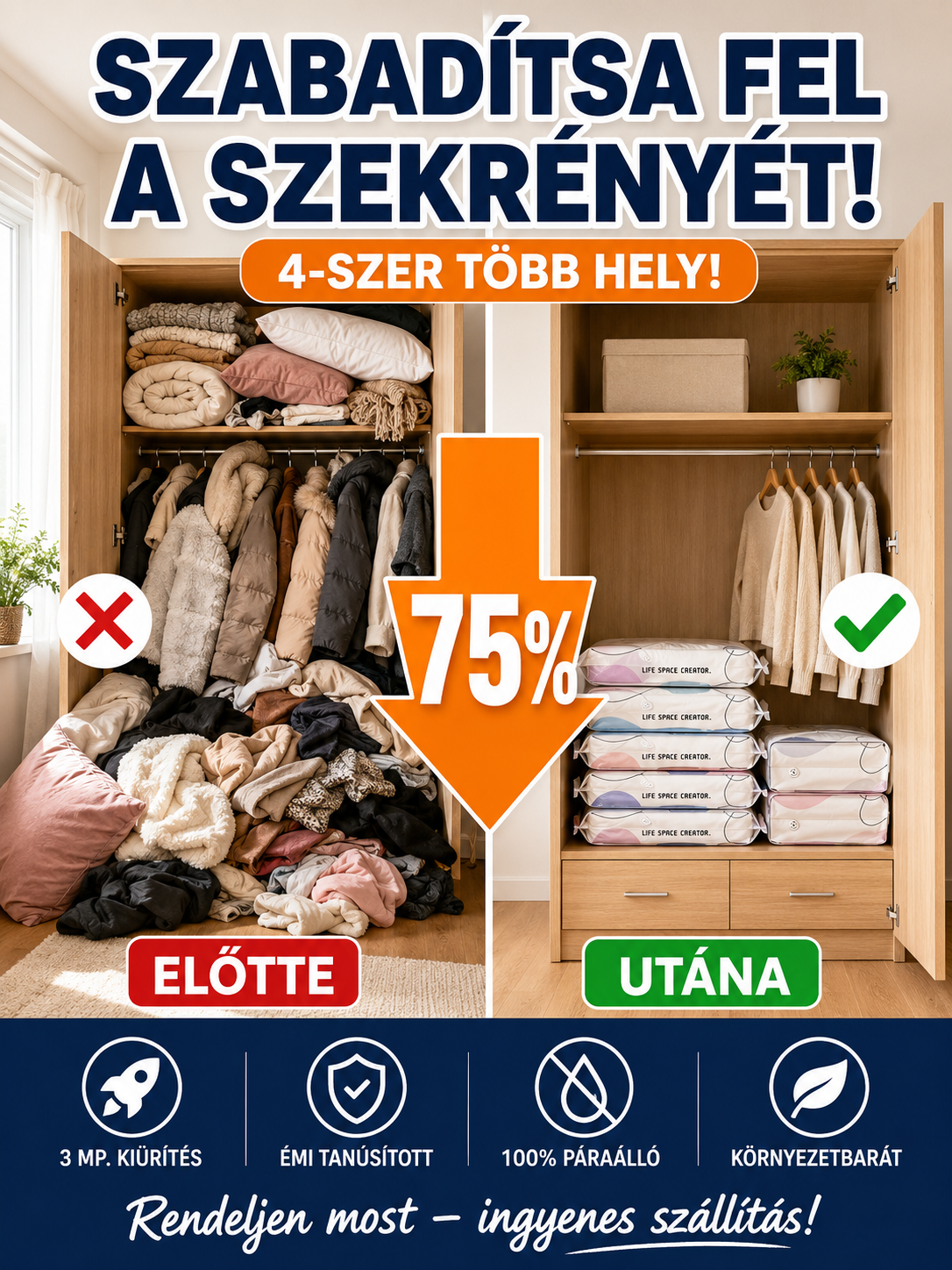 Helytakarékos Vákuumzsák Szett Szivattyú Nélkül - 50% Akció