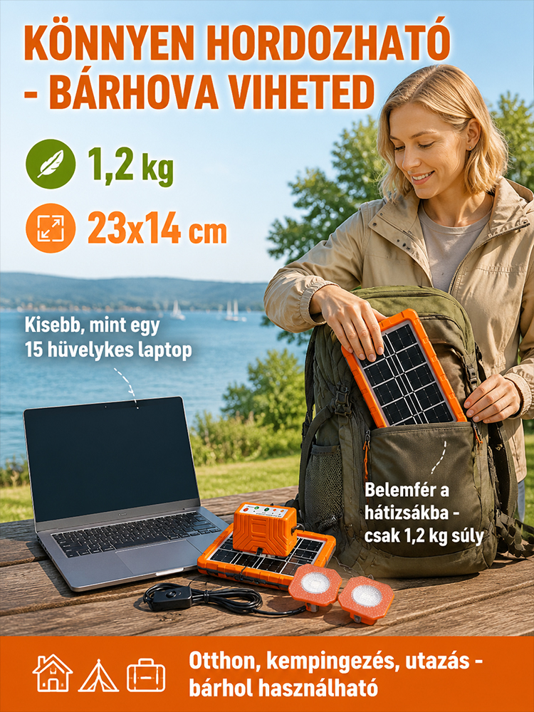 ☀️Háztartási napelemes rendszer– 2400mAh Akku + 2 Lámpa (Ingyen Áram Bárhol!)