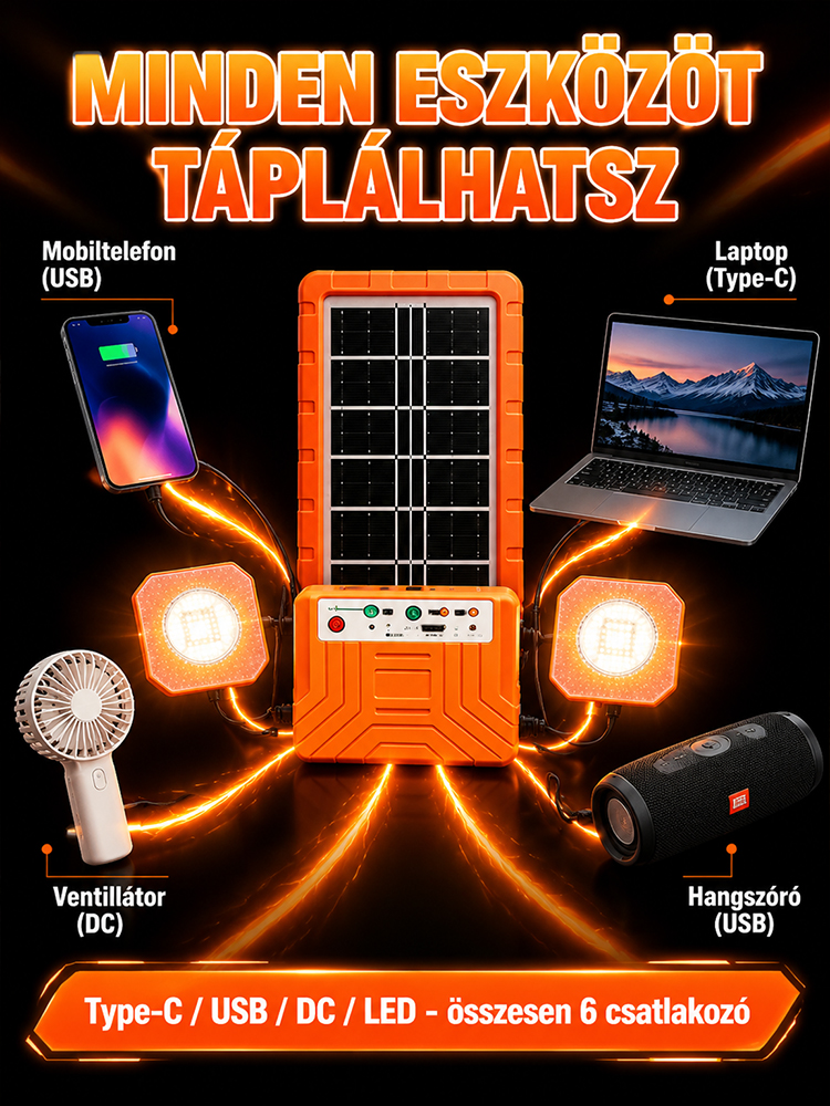 ☀️Háztartási napelemes rendszer– 2400mAh Akku + 2 Lámpa (Ingyen Áram Bárhol!)