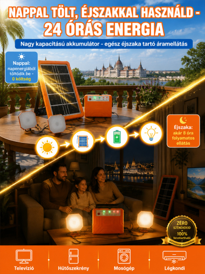 ☀️Háztartási napelemes rendszer– 2400mAh Akku + 2 Lámpa (Ingyen Áram Bárhol!)