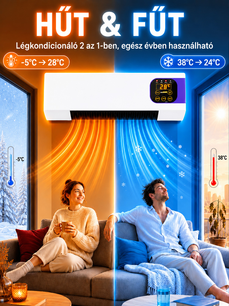 ❄️Fali melegítő és hűtő légkondicionáló| Távirányítóval | Zéró Beszerelési Díj | 30 Másodperces Gyorshűtés & Energiatakarékos Fűtés (Fehér)🔥