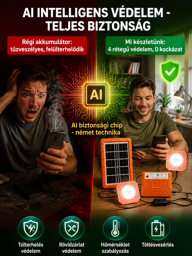 ☀️Háztartási napelemes rendszer– 2400mAh Akku + 2 Lámpa (Ingyen Áram Bárhol!)