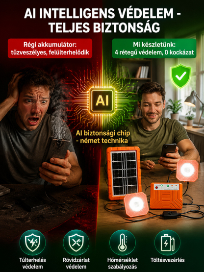 ☀️Háztartási napelemes rendszer– 2400mAh Akku + 2 Lámpa (Ingyen Áram Bárhol!)