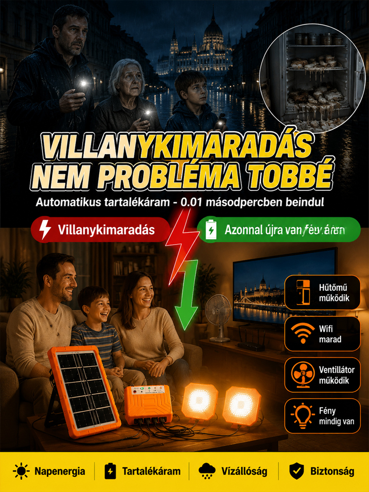 ☀️Háztartási napelemes rendszer– 2400mAh Akku + 2 Lámpa (Ingyen Áram Bárhol!)