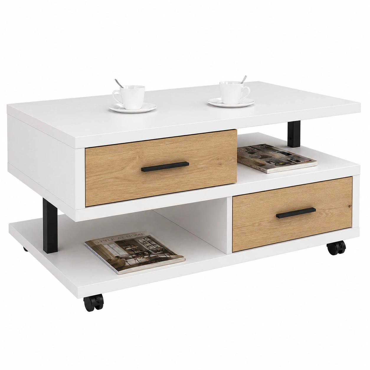 Couchtisch Modern Betonoptik Grau Weißs mit Rollen und Schubladen 105 cm-furnishophelp