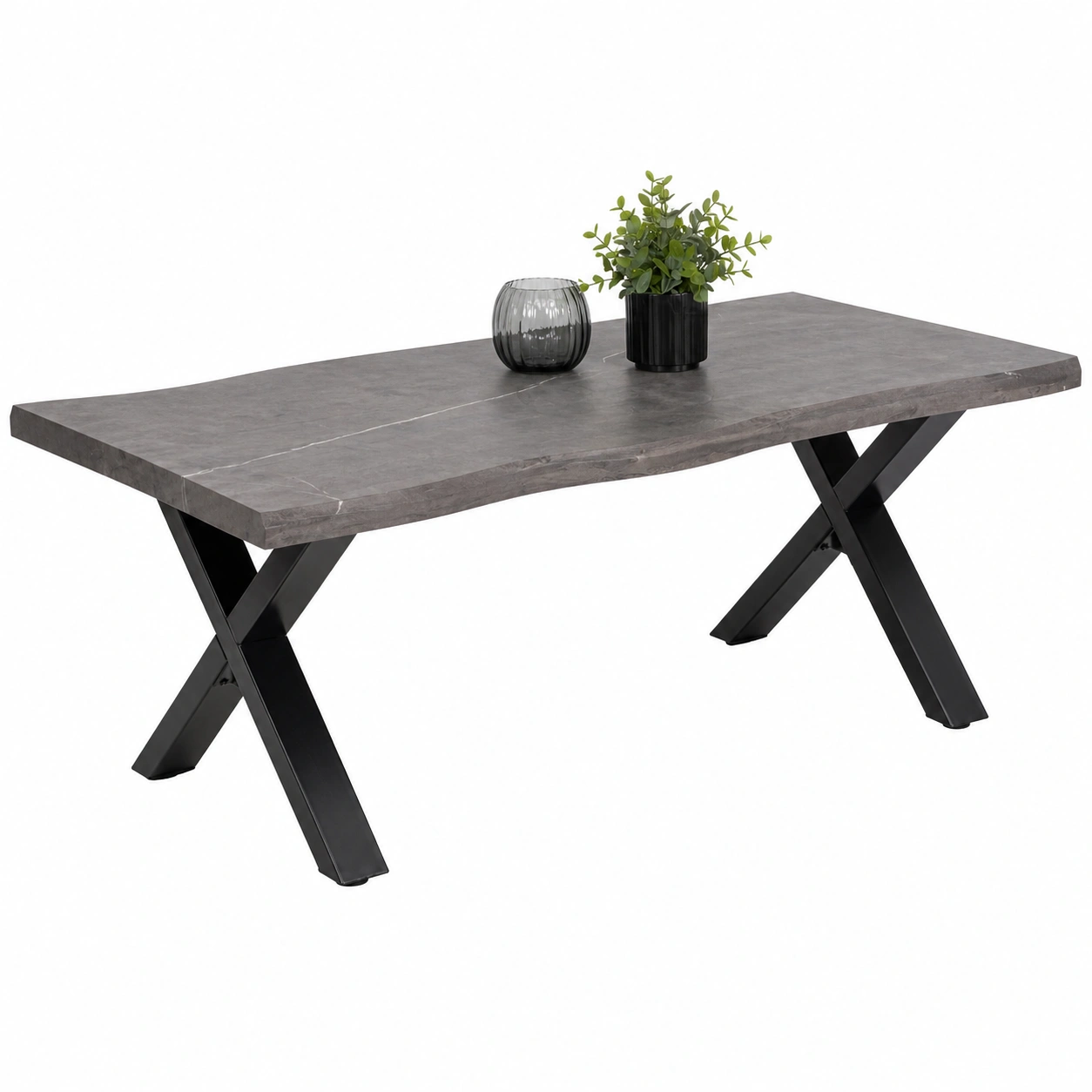 Couchtisch in moderner Betonoptik mit X-Gestell und Naturkante Design Grau ca 110x60x42 cm-furnishophelp