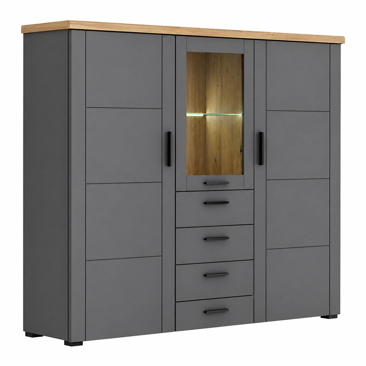 Modernes Highboard Weiß Matt Eiche Optik 4 Tueren 3 Schubladen Glas Vitrine B/H/T ca 159x140x41 cm Stauraum Moebel-furnishophelp