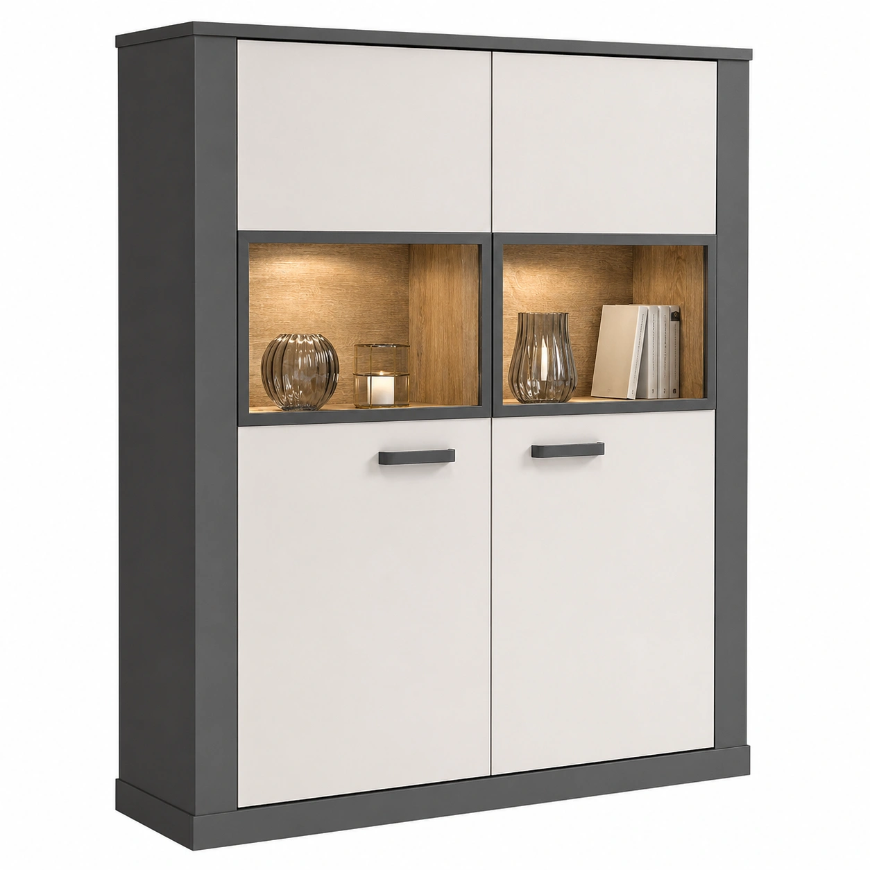 Moderne Vitrine mit 2 Tueren und offenen Faechern in Weiß Holzoptik minimalistisches Design fuer Wohnzimmer und Essbereich 133 cm breit-furnishophelp
