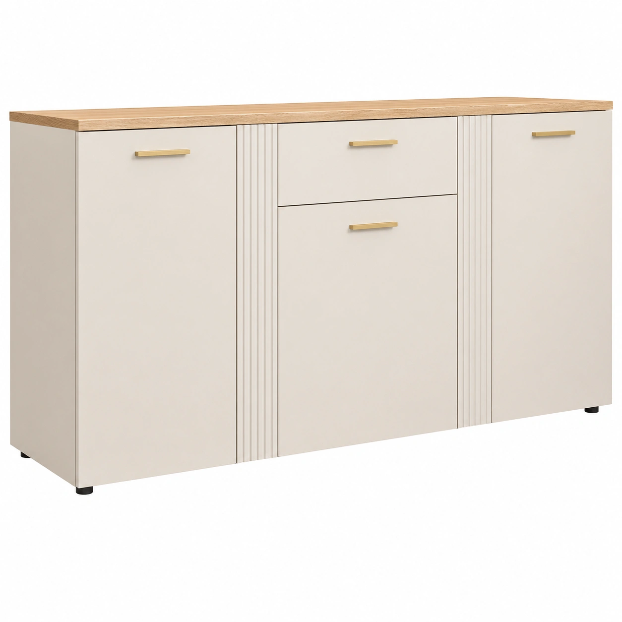 Kommode modern creme beige mit Holzoptik Lamellenfront und Metallgriffen 181x38x86 cm-furnishophelp