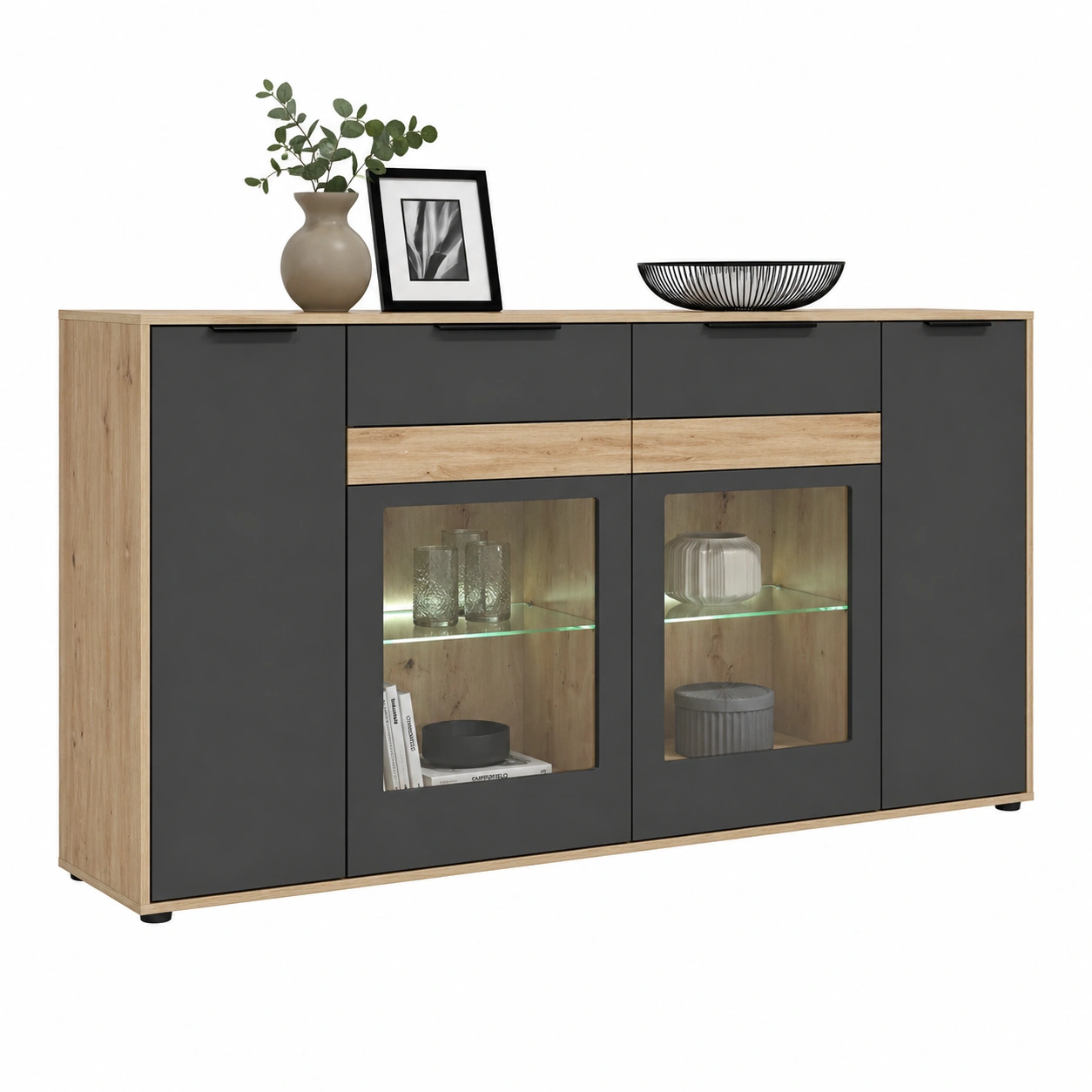 Modernes Highboard mit Glasfenster und LED Stauraum Minimalistisches Design 192x108x40 cm Weiß-furnishophelp