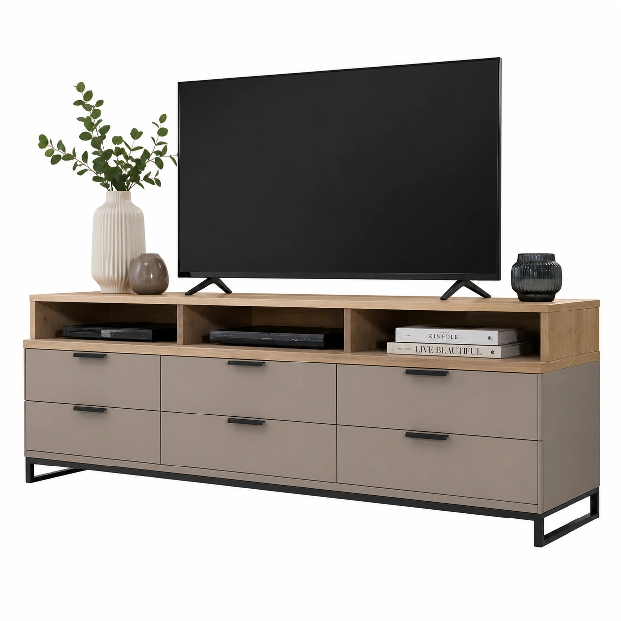 Modernes TV Lowboard mit 6 Schubladen und offenen Faechern in Taupe Holzoptik Sideboard Fernsehtisch Wohnzimmer 180x65x44 cm-furnishophelp