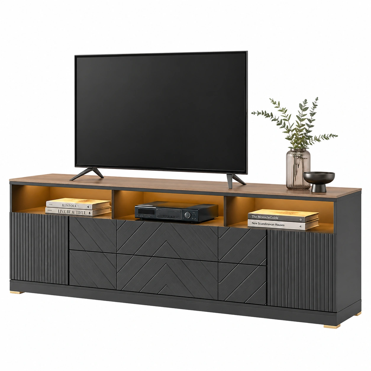 Modernes TV Lowboard Highboard Weiß Hochglanz LED Stauraum Sideboard 200 cm-furnishophelp