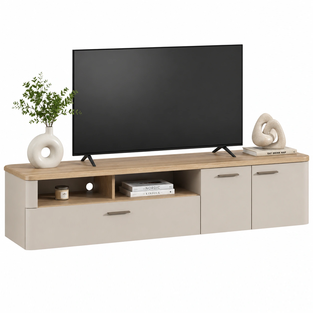 TV Lowboard modern Beige Holzoptik 210x43x41 cm mit Stauraum und offenen Faechern-furnishophelp