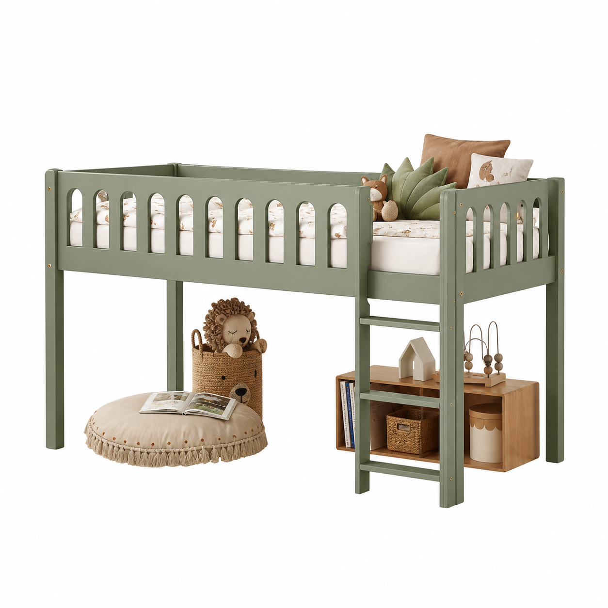 Hochbett Kinderbett Massivholz grun 90x200 cm mit Leiter und Absturzschutz-Buytavo