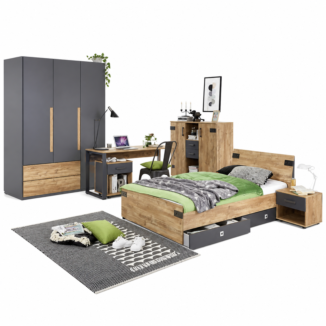 Modernes Schlafzimmer Set Bett mit Stauraum Schrank Schreibtisch Kommode Holzoptik Grau Weiss 120x200 cm-Buytavo