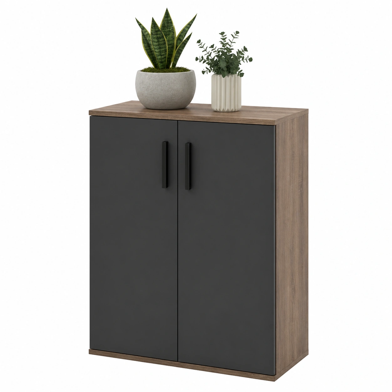Moderne Kommode 2 Tueren Anthrazit mit Holzoptik kompakt Sideboard 60x82x35 cm Stauraum Moebel-Buytavo