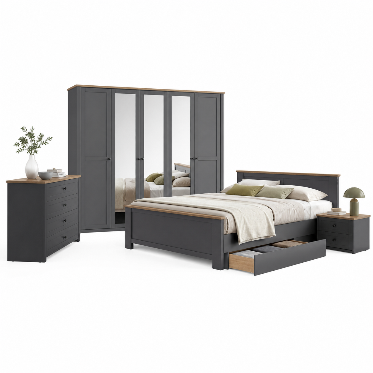 Komfortbett Chalet 180x200 cm Schlafzimmer Set Kleiderschrank Spiegel Kommode Nachtkonsole Grau Holzoptik 502046800-Buytavo