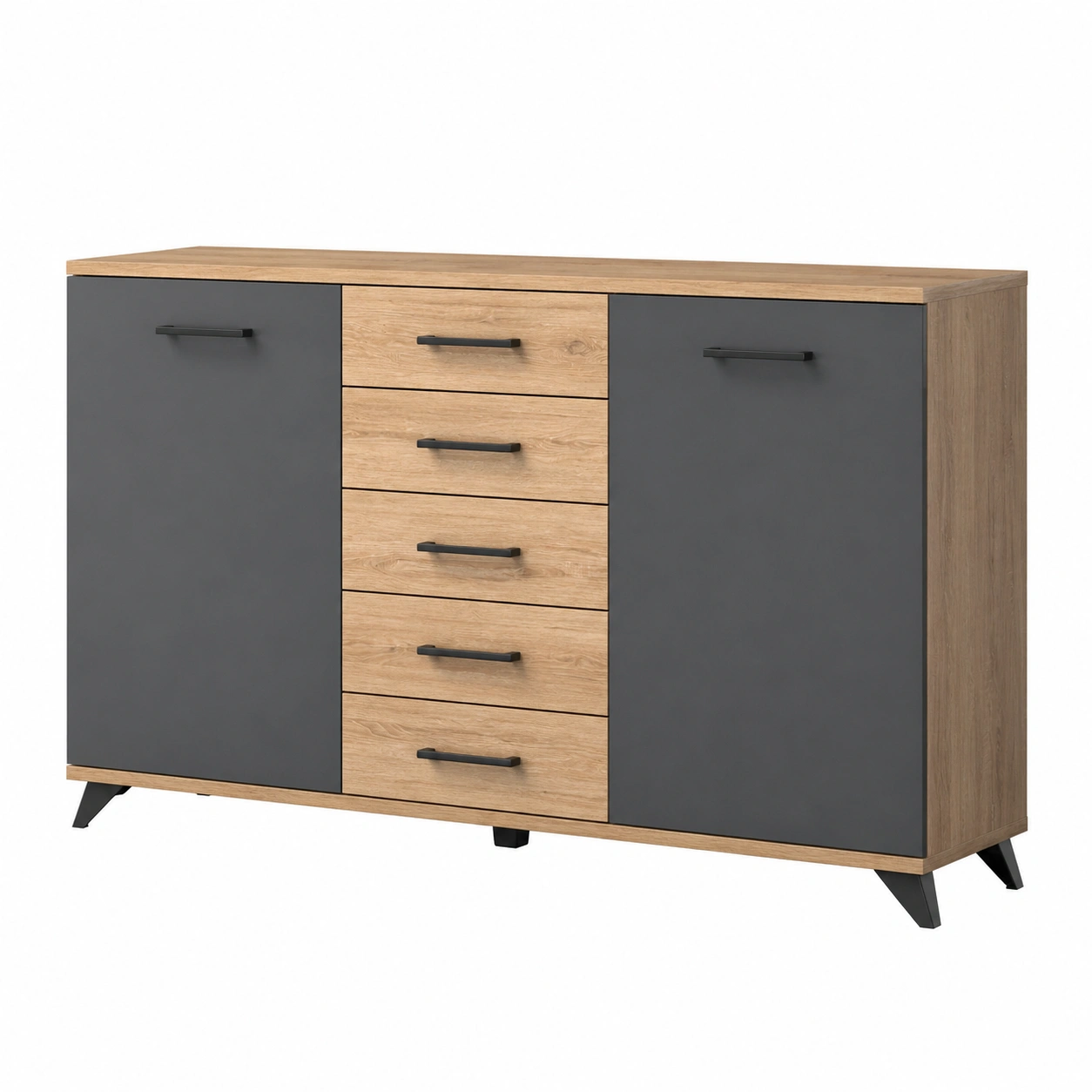 Sideboard mit 2 Turen und 5 Schubladen in Sonoma Eiche Optik modern gross Stauraum Wohnzimmer Esszimmer Moebel 160 cm-Buytavo