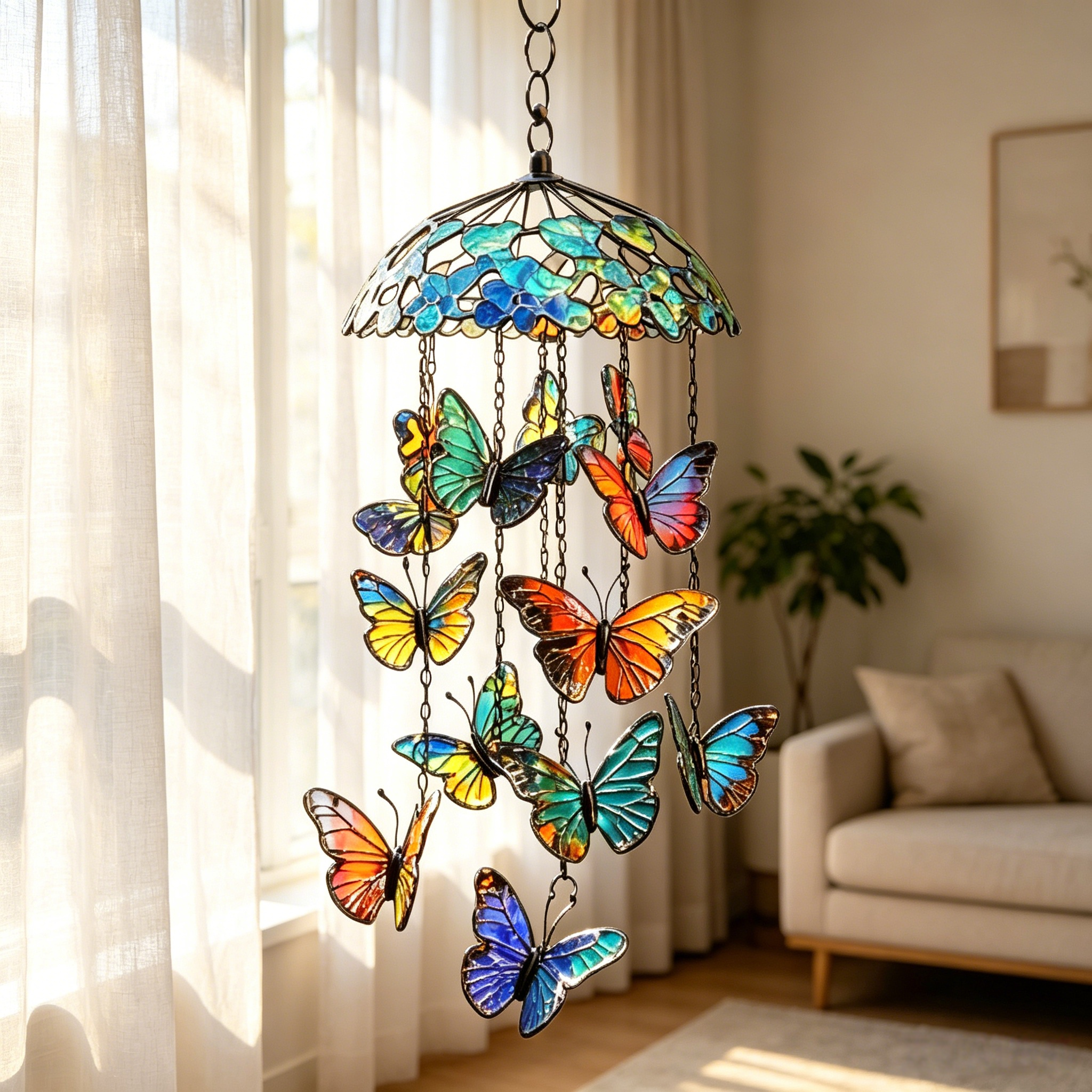🦋🎐Vibrant Stained Glass Butterfly Wind Chimes – Handcrafted Outdoor Garden Hanging Decor