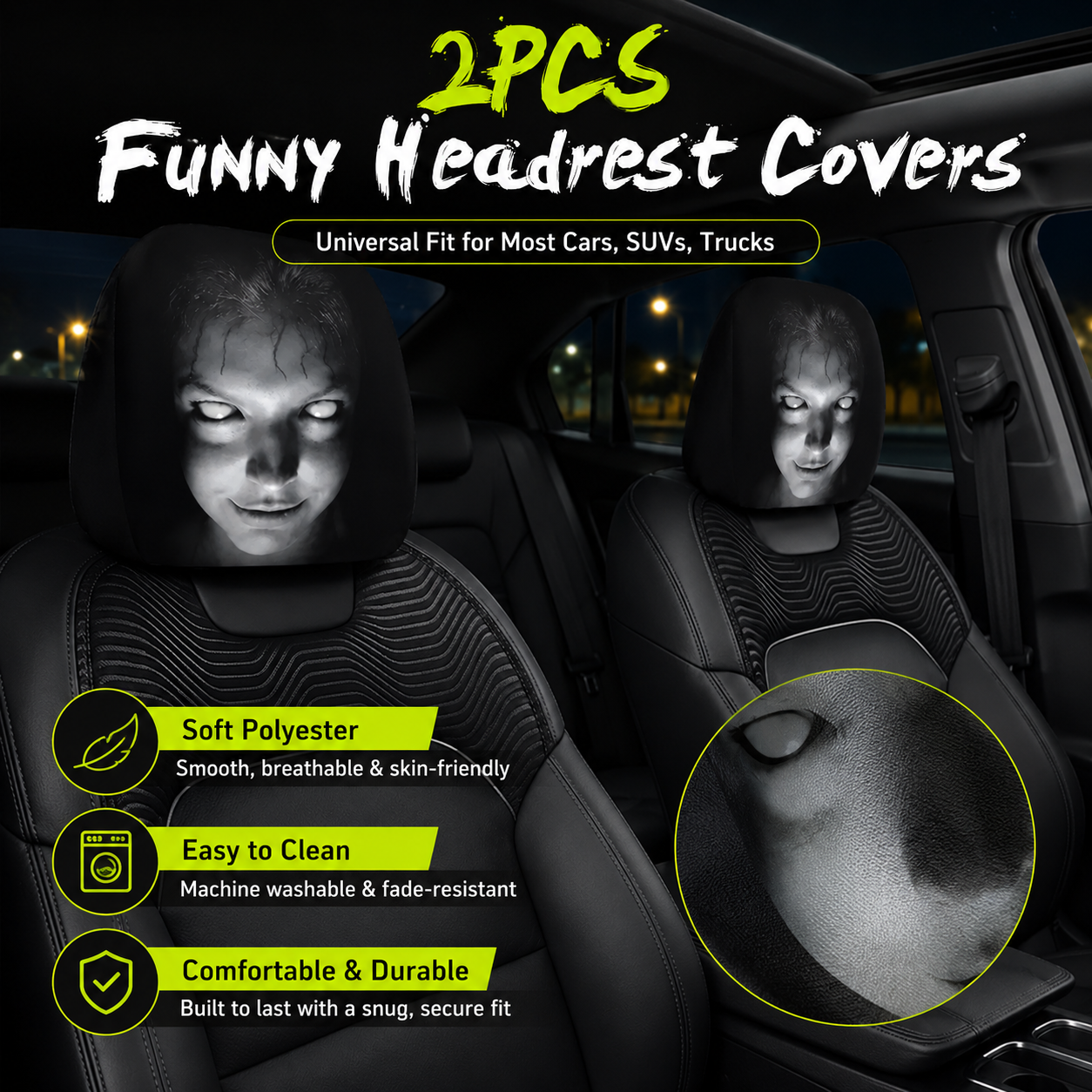 💥Last Day 70% OFF🎃 Perfect for Halloween & Spooky Season-Phantom Headrest Covers – 2PCS Universal Fit 🚗