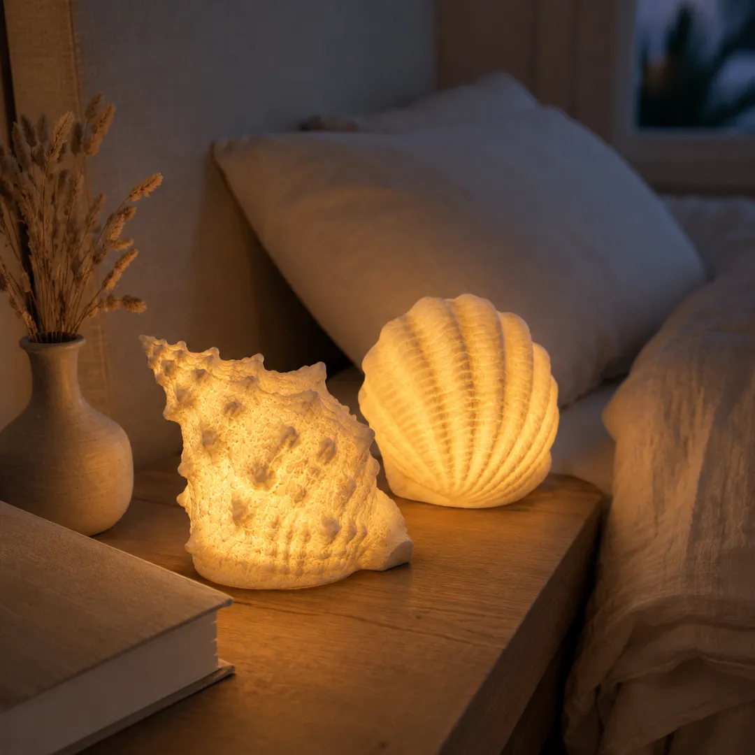 Shell and conch lights glowing at night