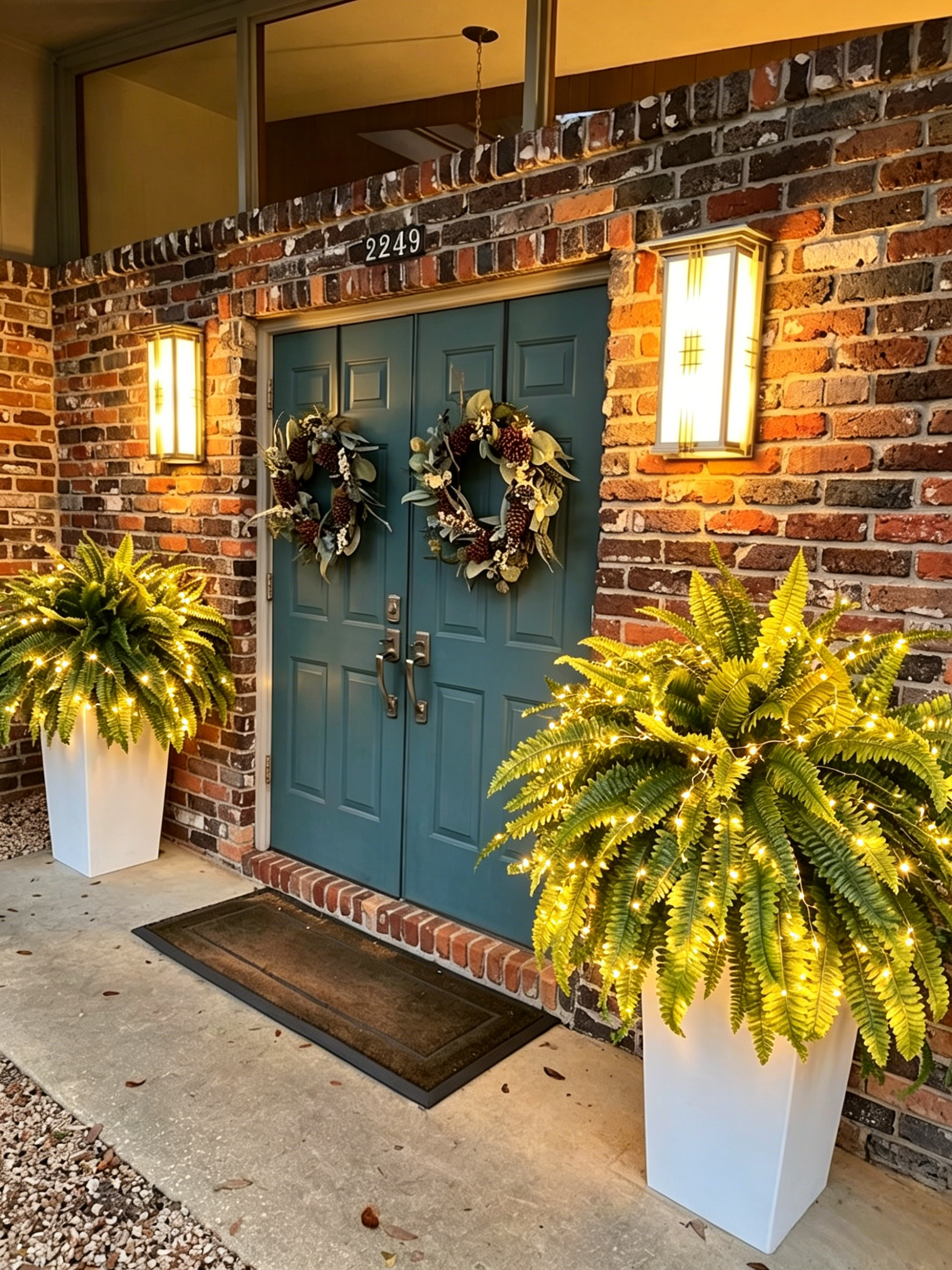 Lighted ferns on a customer porch