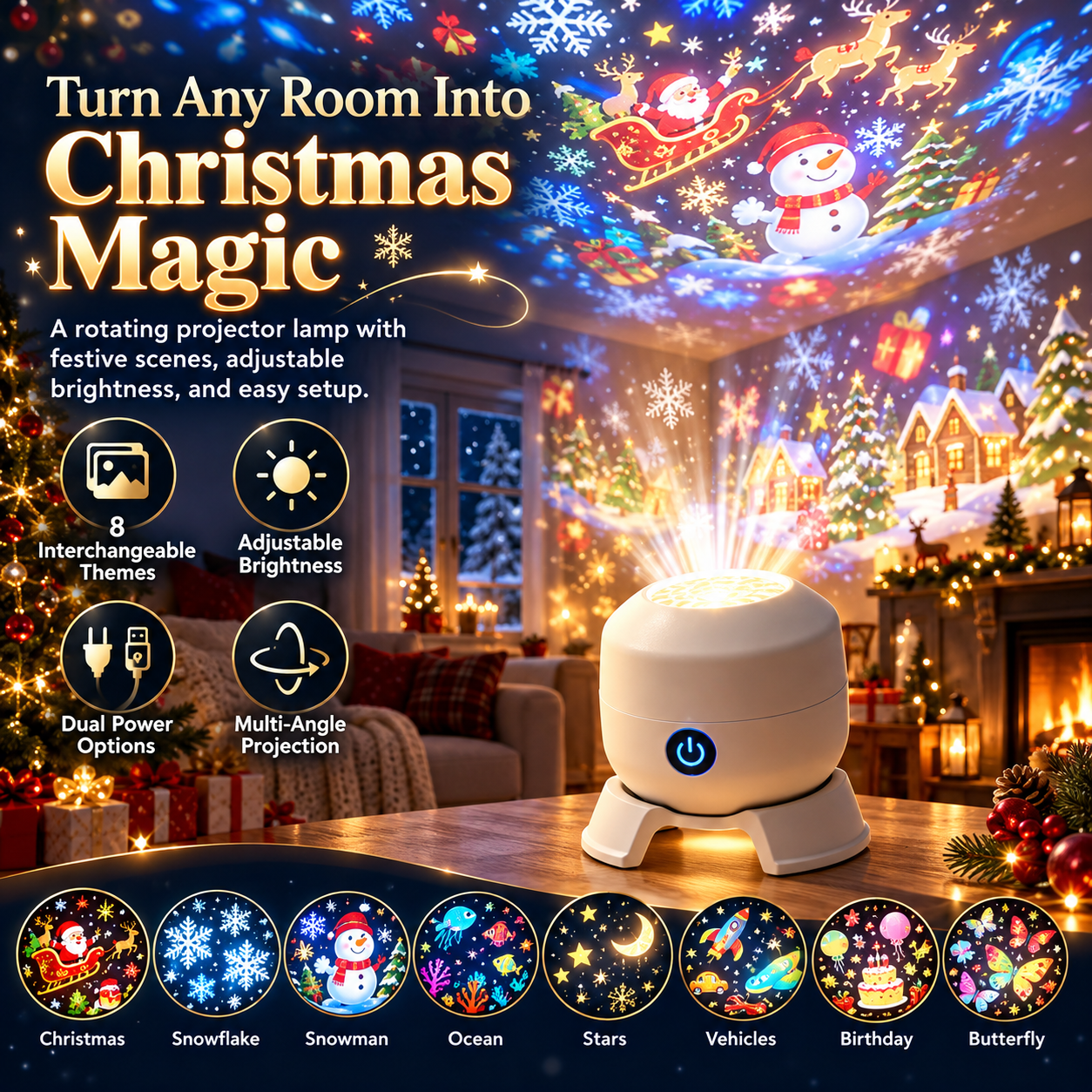 🔥2026 Christmas Sale 50% OFF✨Christmas Rotating Projector Light – 8 Festive Scenes🎄