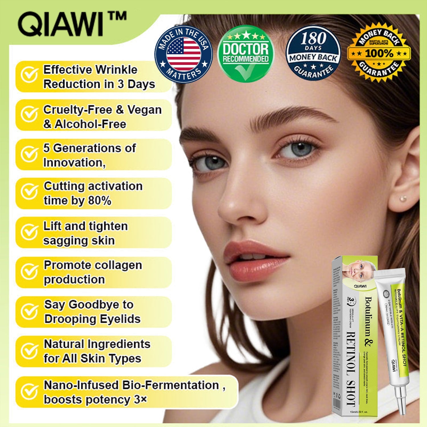🔥Dernières 3 heures : 70 % de réduction🔥 Crème liftante anti-rides QIAWI™ à base de toxine botulique et de rétinol Vita-A✨