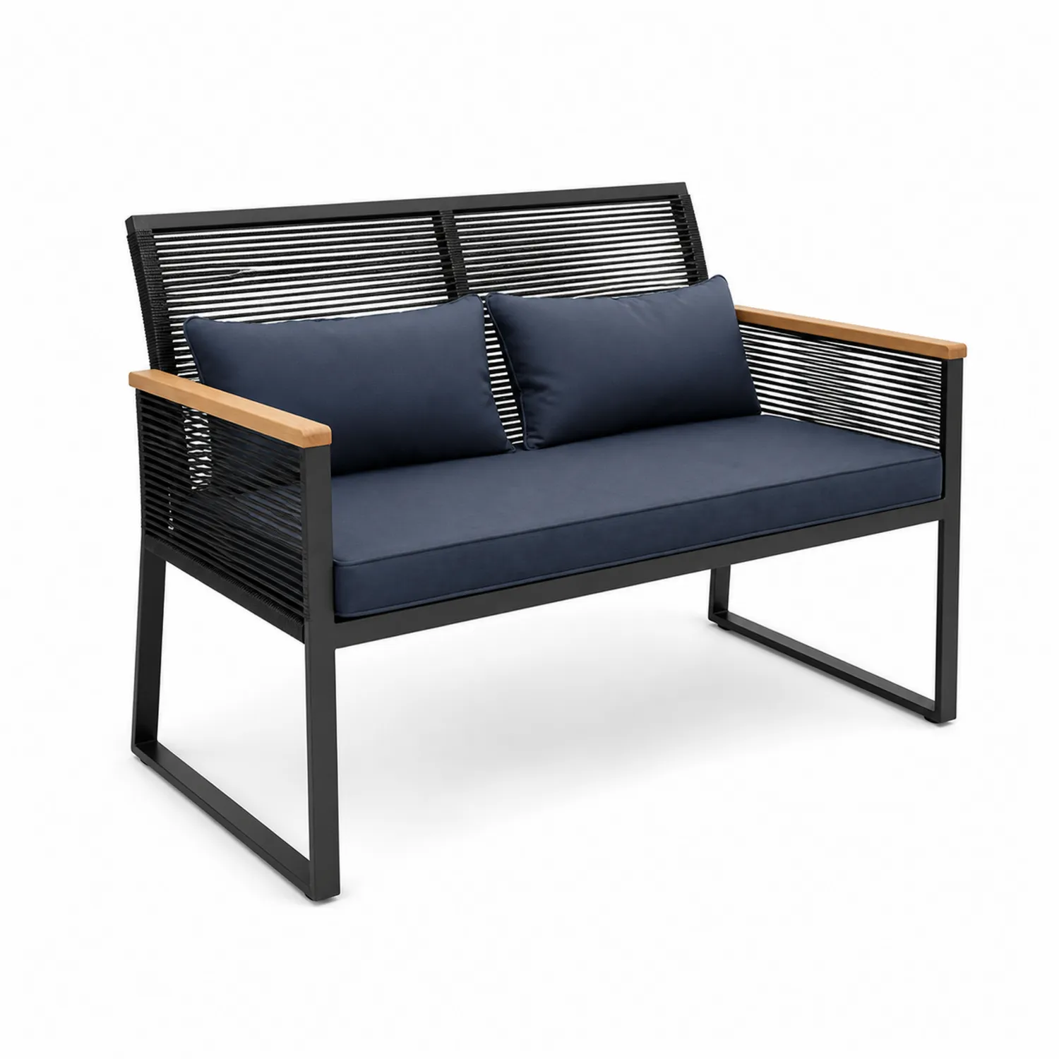 Sofa ogrodowa z metalu i drewna z granatowymi poduszkami