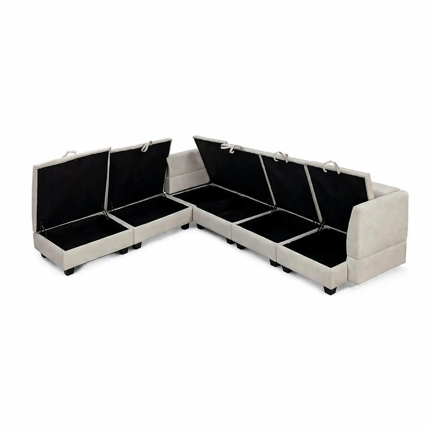 Narożna sofa modułowa z pojemnikami na pościel z beżowej tkaniny
