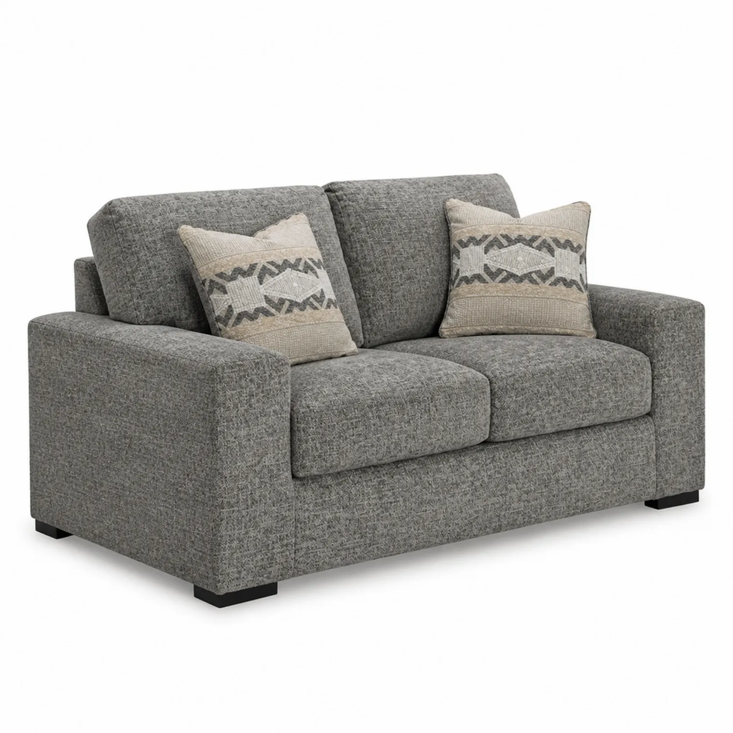 Sofa z tkaniny szara, dwuosobowa z poduszkami