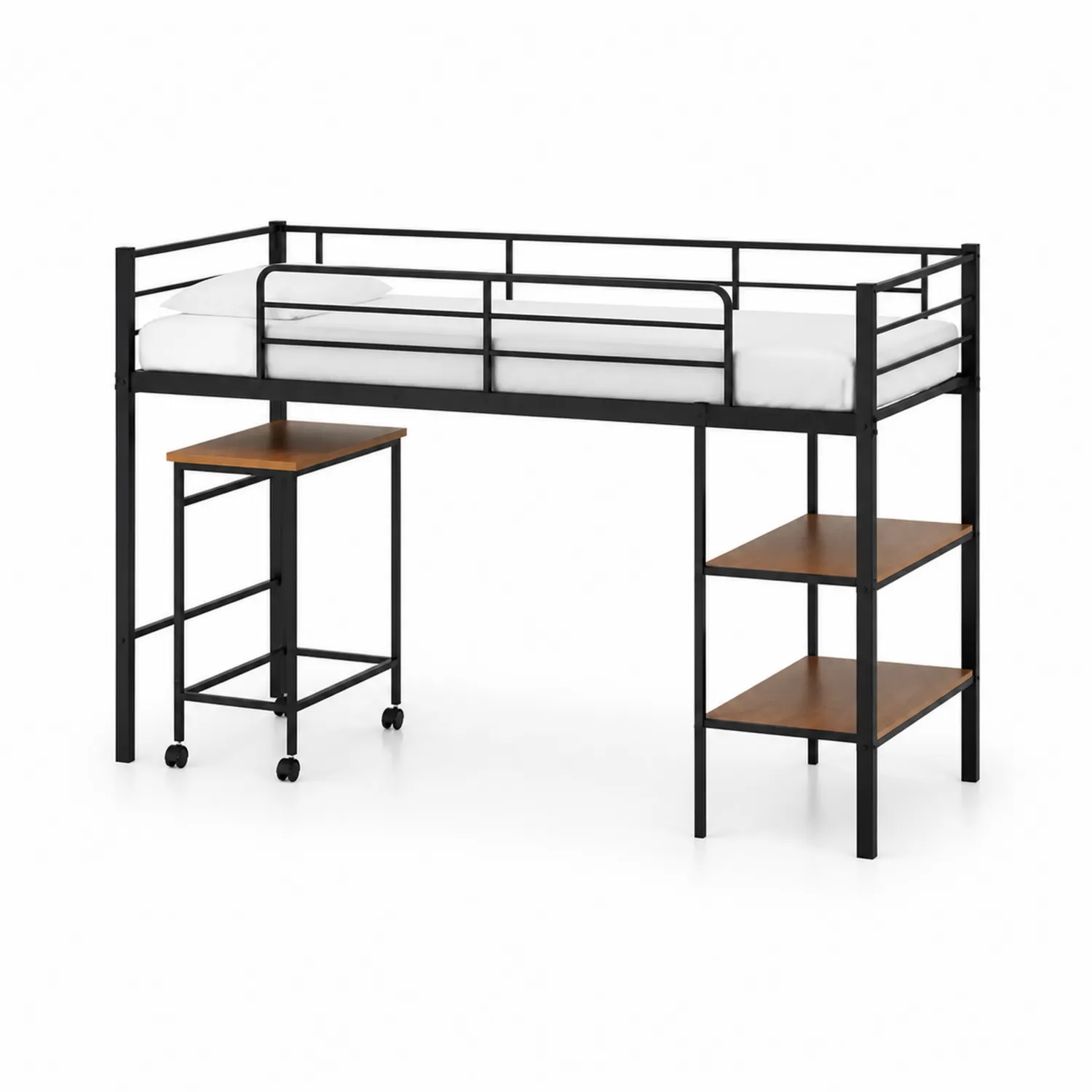 Łóżko metalowe z biurkiem i półkami czarne 200x90x180 cm
