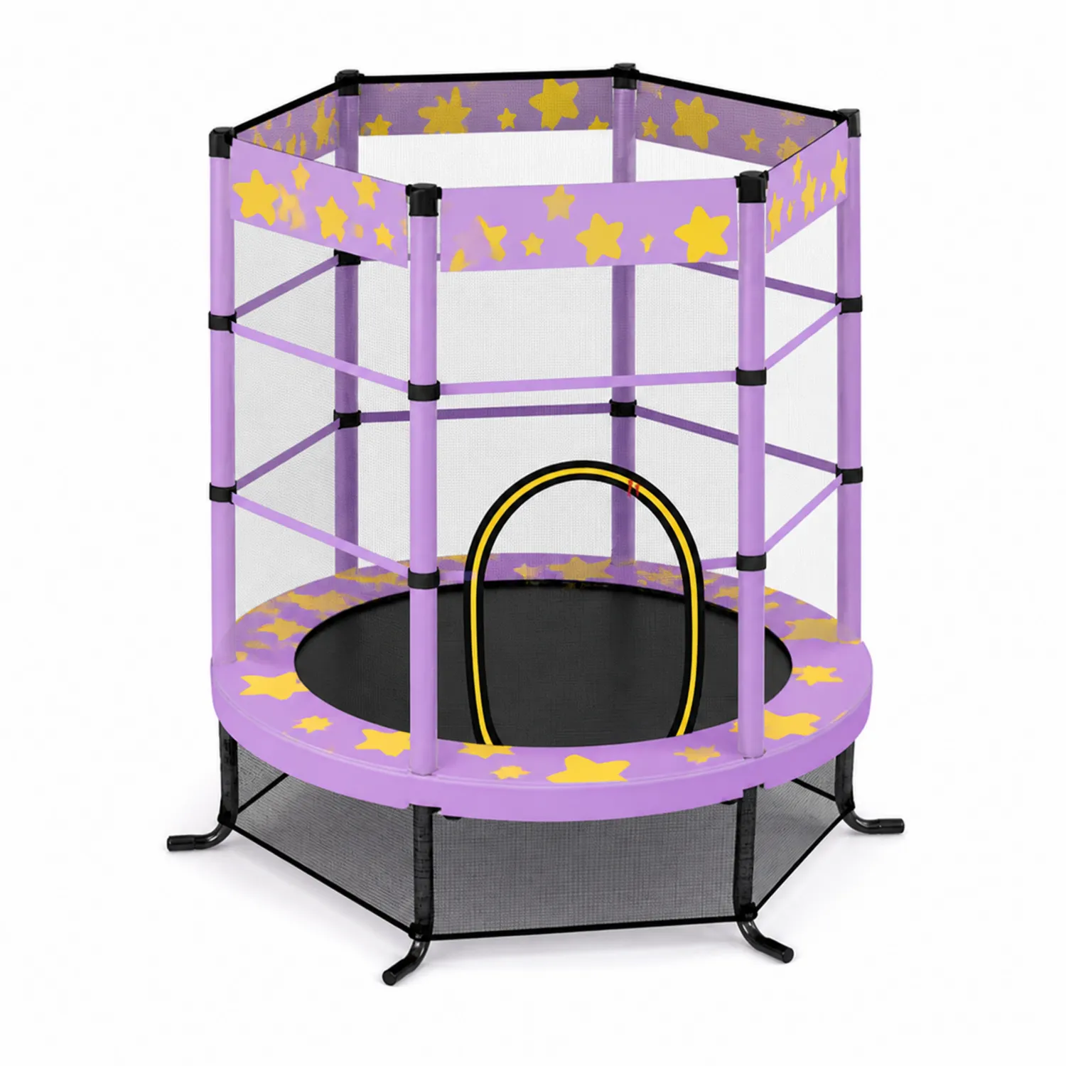 Fioletowo-żółta trampolina dla dzieci z siatką ochronną