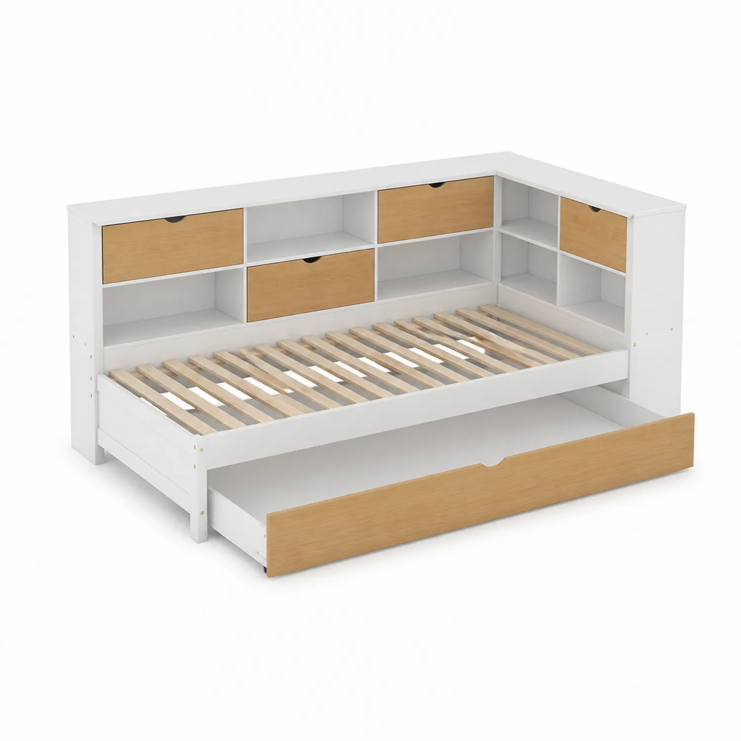 Łóżko dzienne narożne z półkami i szufladami MDF i sosna 200x90 cm