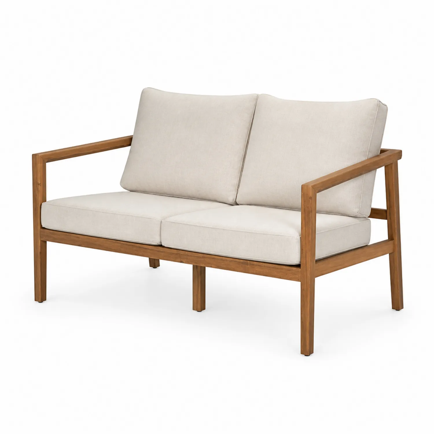 Dwuosobowa sofa z drewna akacjowego z kremowymi poduszkami