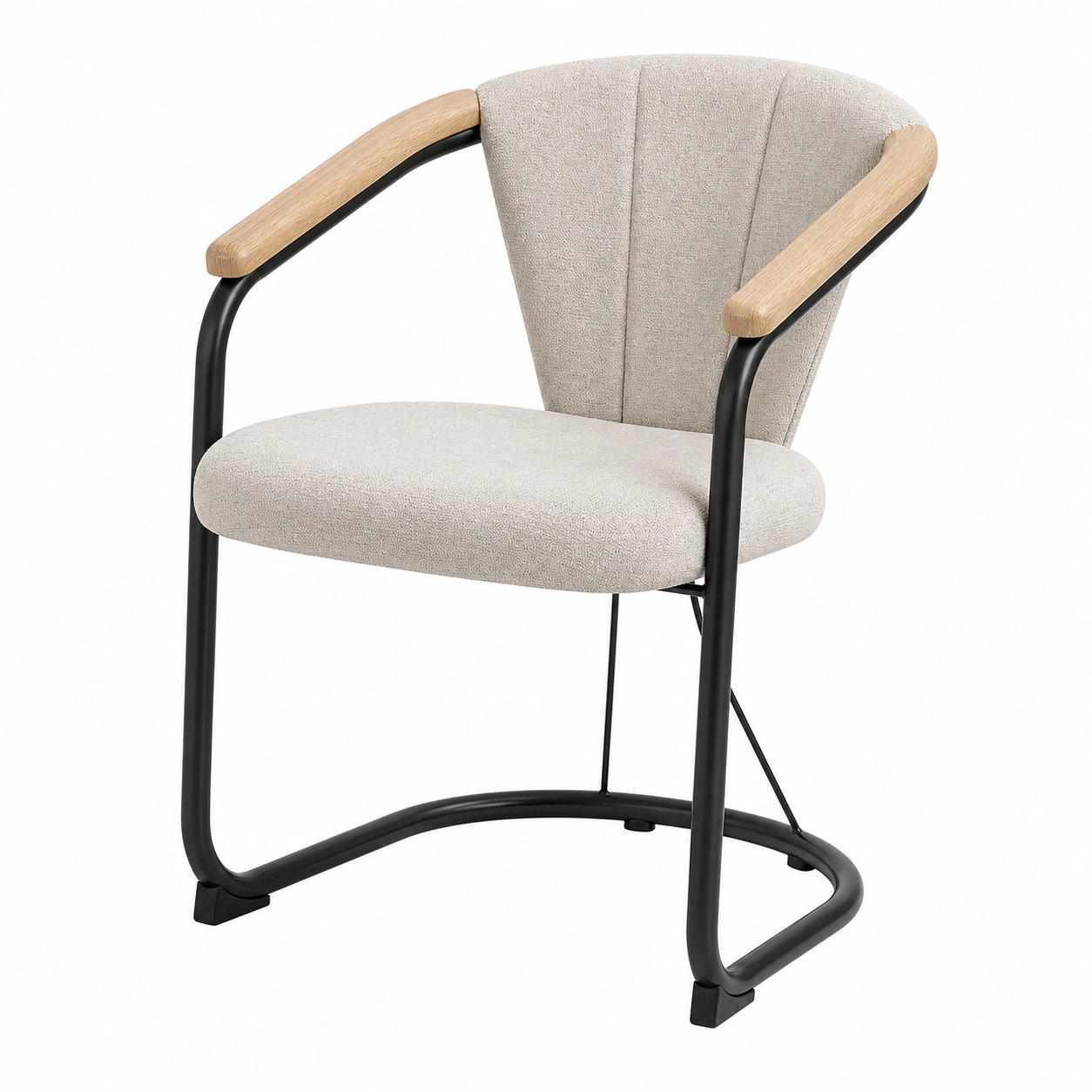 Moderner Armlehnstuhl gepolstert Stoff beige Metallgestell Holzarmlehnen ergonomisch Komfort Design Esszimmerstuhl B/H/T ca 60x80x62 cm-Cartveno