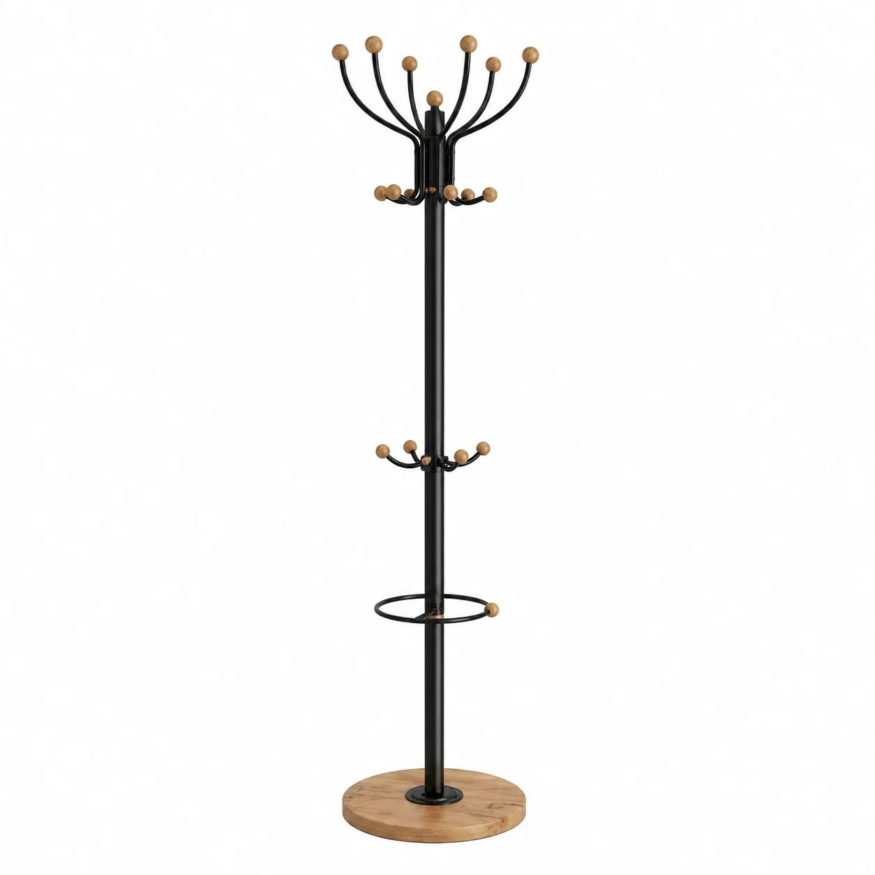 Moderner Garderobenstander mit Holzdetails – Schwarz/Natur – Standgarderobe 176x38 cm-Cartveno