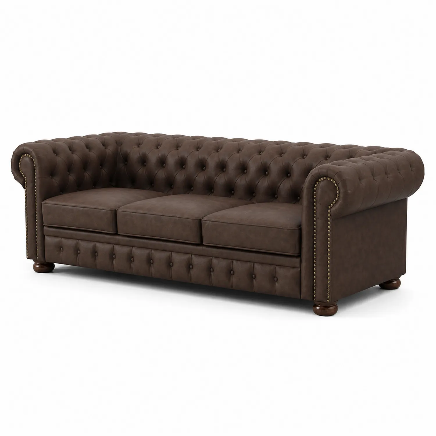 Sofa trzyosobowa Chesterfield z ekologicznej skóry, brązowa